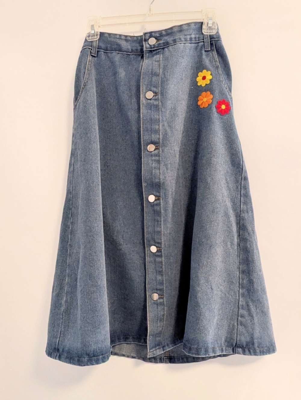 Denim Button-Down Skirt with Floral Embroidery